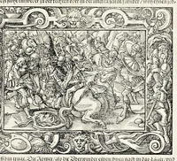 An illustration from Von Ankunfft vnnd Vrsprung des Römischen Reichs : der alten Römer Herkommen, Sitten, Weissheyt, Ehrbarkeyt, löblichem Regiment, Ritterlichen Thaten, Victori vnnd Sig gegen ihren Feinden : auch von allerley Händeln vñ Geschichten, so sich in Frid vnd Krieg, zu Rom, in Italia, vnd bei andern Nationen, damit die Römer jeder Zeit zu thuen gehabt, fast jnnerhalb achthundert Jaren, von Erbawung der Statt an, erstlich vnter der Könige vnnd volgends vnter der Rathesmaister Regiment, biss auff der ersten Römischen Keyser Regierung verloffen vnd zugetragen : jetzund auff dass newe auss dem Latein verteutscht, vnd mit ordenlicher Verzeychniss der fürnemsten Historien, Jarrechnung, kurtzer Liuischen Chronica, Register, vnd schönen Figuren geziert, dessgleichen vor hin im Truck nie aussgangen (1574)