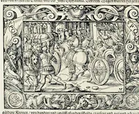 An illustration from Von Ankunfft vnnd Vrsprung des Römischen Reichs : der alten Römer Herkommen, Sitten, Weissheyt, Ehrbarkeyt, löblichem Regiment, Ritterlichen Thaten, Victori vnnd Sig gegen ihren Feinden : auch von allerley Händeln vñ Geschichten, so sich in Frid vnd Krieg, zu Rom, in Italia, vnd bei andern Nationen, damit die Römer jeder Zeit zu thuen gehabt, fast jnnerhalb achthundert Jaren, von Erbawung der Statt an, erstlich vnter der Könige vnnd volgends vnter der Rathesmaister Regiment, biss auff der ersten Römischen Keyser Regierung verloffen vnd zugetragen : jetzund auff dass newe auss dem Latein verteutscht, vnd mit ordenlicher Verzeychniss der fürnemsten Historien, Jarrechnung, kurtzer Liuischen Chronica, Register, vnd schönen Figuren geziert, dessgleichen vor hin im Truck nie aussgangen (1574)
