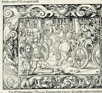 An illustration from Von Ankunfft vnnd Vrsprung des Römischen Reichs : der alten Römer Herkommen, Sitten, Weissheyt, Ehrbarkeyt, löblichem Regiment, Ritterlichen Thaten, Victori vnnd Sig gegen ihren Feinden : auch von allerley Händeln vñ Geschichten, so sich in Frid vnd Krieg, zu Rom, in Italia, vnd bei andern Nationen, damit die Römer jeder Zeit zu thuen gehabt, fast jnnerhalb achthundert Jaren, von Erbawung der Statt an, erstlich vnter der Könige vnnd volgends vnter der Rathesmaister Regiment, biss auff der ersten Römischen Keyser Regierung verloffen vnd zugetragen : jetzund auff dass newe auss dem Latein verteutscht, vnd mit ordenlicher Verzeychniss der fürnemsten Historien, Jarrechnung, kurtzer Liuischen Chronica, Register, vnd schönen Figuren geziert, dessgleichen vor hin im Truck nie aussgangen (1574)