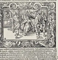 An illustration from Von Ankunfft vnnd Vrsprung des Römischen Reichs : der alten Römer Herkommen, Sitten, Weissheyt, Ehrbarkeyt, löblichem Regiment, Ritterlichen Thaten, Victori vnnd Sig gegen ihren Feinden : auch von allerley Händeln vñ Geschichten, so sich in Frid vnd Krieg, zu Rom, in Italia, vnd bei andern Nationen, damit die Römer jeder Zeit zu thuen gehabt, fast jnnerhalb achthundert Jaren, von Erbawung der Statt an, erstlich vnter der Könige vnnd volgends vnter der Rathesmaister Regiment, biss auff der ersten Römischen Keyser Regierung verloffen vnd zugetragen : jetzund auff dass newe auss dem Latein verteutscht, vnd mit ordenlicher Verzeychniss der fürnemsten Historien, Jarrechnung, kurtzer Liuischen Chronica, Register, vnd schönen Figuren geziert, dessgleichen vor hin im Truck nie aussgangen (1574)