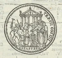 An illustration from Gli Arronzij, ouero, De' marmi antichi. Doue con la vita di Lucio Arronzio Stella e di Marco Arronzio Aquila padouani, si hà notizia delle antichità, riti, monete, medaglie, magistrati, e sacerdozj di Roma, di Padoua, dell'Italia, e dell'Imperio Romano (1655)