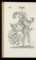 Picture 38 of 56 from Geschlechter Buch : darinn der loblichen kaiserlichẽ Reichs Statt Augspurg so vor fünffhundert vnd mehr Jaren hero, daselbst gewonet, vnd biss auff acht abgestorben auch deren so an der abgestorbnen stat eingenom̃en vnd erhöhet worden seyn : dessgleichen mit was Personen die Röm. Key. May. [et]c. am dritten Augusti im M.D.XLVIIII. Jare ain new Regiment von Raht vnd Gericht auch alle Empter besetzt hat : sampt aines jeden Geschlechts Wapen, Zeichen, Schilt vnd Helm, auch Ankunfft vnd Herkommen : alles mit künstlichen Figuren angezeigt, vnd allen Kunstliebhabern jetzt widerumb an Tag gegeben (1580), leaf 107