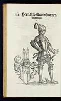 Picture 39 of 56 from Geschlechter Buch : darinn der loblichen kaiserlichẽ Reichs Statt Augspurg so vor fünffhundert vnd mehr Jaren hero, daselbst gewonet, vnd biss auff acht abgestorben auch deren so an der abgestorbnen stat eingenom̃en vnd erhöhet worden seyn : dessgleichen mit was Personen die Röm. Key. May. [et]c. am dritten Augusti im M.D.XLVIIII. Jare ain new Regiment von Raht vnd Gericht auch alle Empter besetzt hat : sampt aines jeden Geschlechts Wapen, Zeichen, Schilt vnd Helm, auch Ankunfft vnd Herkommen : alles mit künstlichen Figuren angezeigt, vnd allen Kunstliebhabern jetzt widerumb an Tag gegeben (1580), leaf 109
