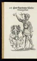 Picture 40 of 56 from Geschlechter Buch : darinn der loblichen kaiserlichẽ Reichs Statt Augspurg so vor fünffhundert vnd mehr Jaren hero, daselbst gewonet, vnd biss auff acht abgestorben auch deren so an der abgestorbnen stat eingenom̃en vnd erhöhet worden seyn : dessgleichen mit was Personen die Röm. Key. May. [et]c. am dritten Augusti im M.D.XLVIIII. Jare ain new Regiment von Raht vnd Gericht auch alle Empter besetzt hat : sampt aines jeden Geschlechts Wapen, Zeichen, Schilt vnd Helm, auch Ankunfft vnd Herkommen : alles mit künstlichen Figuren angezeigt, vnd allen Kunstliebhabern jetzt widerumb an Tag gegeben (1580), leaf 111
