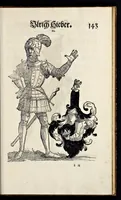 Picture 49 of 56 from Geschlechter Buch : darinn der loblichen kaiserlichẽ Reichs Statt Augspurg so vor fünffhundert vnd mehr Jaren hero, daselbst gewonet, vnd biss auff acht abgestorben auch deren so an der abgestorbnen stat eingenom̃en vnd erhöhet worden seyn : dessgleichen mit was Personen die Röm. Key. May. [et]c. am dritten Augusti im M.D.XLVIIII. Jare ain new Regiment von Raht vnd Gericht auch alle Empter besetzt hat : sampt aines jeden Geschlechts Wapen, Zeichen, Schilt vnd Helm, auch Ankunfft vnd Herkommen : alles mit künstlichen Figuren angezeigt, vnd allen Kunstliebhabern jetzt widerumb an Tag gegeben (1580), leaf 148