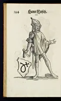 Picture 50 of 56 from Geschlechter Buch : darinn der loblichen kaiserlichẽ Reichs Statt Augspurg so vor fünffhundert vnd mehr Jaren hero, daselbst gewonet, vnd biss auff acht abgestorben auch deren so an der abgestorbnen stat eingenom̃en vnd erhöhet worden seyn : dessgleichen mit was Personen die Röm. Key. May. [et]c. am dritten Augusti im M.D.XLVIIII. Jare ain new Regiment von Raht vnd Gericht auch alle Empter besetzt hat : sampt aines jeden Geschlechts Wapen, Zeichen, Schilt vnd Helm, auch Ankunfft vnd Herkommen : alles mit künstlichen Figuren angezeigt, vnd allen Kunstliebhabern jetzt widerumb an Tag gegeben (1580), leaf 149