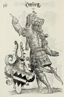 An illustration from Geschlechter Buch : darinn der loblichen kaiserlichẽ Reichs Statt Augspurg so vor fünffhundert vnd mehr Jaren hero, daselbst gewonet, vnd biss auff acht abgestorben auch deren so an der abgestorbnen stat eingenom̃en vnd erhöhet worden seyn : dessgleichen mit was Personen die Röm. Key. May. [et]c. am dritten Augusti im M.D.XLVIIII. Jare ain new Regiment von Raht vnd Gericht auch alle Empter besetzt hat : sampt aines jeden Geschlechts Wapen, Zeichen, Schilt vnd Helm, auch Ankunfft vnd Herkommen : alles mit künstlichen Figuren angezeigt, vnd allen Kunstliebhabern jetzt widerumb an Tag gegeben (1580)