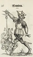 Picture 11 of 56 from Geschlechter Buch : darinn der loblichen kaiserlichẽ Reichs Statt Augspurg so vor fünffhundert vnd mehr Jaren hero, daselbst gewonet, vnd biss auff acht abgestorben auch deren so an der abgestorbnen stat eingenom̃en vnd erhöhet worden seyn : dessgleichen mit was Personen die Röm. Key. May. [et]c. am dritten Augusti im M.D.XLVIIII. Jare ain new Regiment von Raht vnd Gericht auch alle Empter besetzt hat : sampt aines jeden Geschlechts Wapen, Zeichen, Schilt vnd Helm, auch Ankunfft vnd Herkommen : alles mit künstlichen Figuren angezeigt, vnd allen Kunstliebhabern jetzt widerumb an Tag gegeben (1580), leaf 33