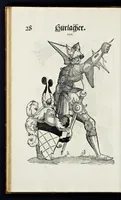 Picture 12 of 56 from Geschlechter Buch : darinn der loblichen kaiserlichẽ Reichs Statt Augspurg so vor fünffhundert vnd mehr Jaren hero, daselbst gewonet, vnd biss auff acht abgestorben auch deren so an der abgestorbnen stat eingenom̃en vnd erhöhet worden seyn : dessgleichen mit was Personen die Röm. Key. May. [et]c. am dritten Augusti im M.D.XLVIIII. Jare ain new Regiment von Raht vnd Gericht auch alle Empter besetzt hat : sampt aines jeden Geschlechts Wapen, Zeichen, Schilt vnd Helm, auch Ankunfft vnd Herkommen : alles mit künstlichen Figuren angezeigt, vnd allen Kunstliebhabern jetzt widerumb an Tag gegeben (1580), leaf 35