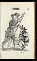 Picture 19 of 56 from Geschlechter Buch : darinn der loblichen kaiserlichẽ Reichs Statt Augspurg so vor fünffhundert vnd mehr Jaren hero, daselbst gewonet, vnd biss auff acht abgestorben auch deren so an der abgestorbnen stat eingenom̃en vnd erhöhet worden seyn : dessgleichen mit was Personen die Röm. Key. May. [et]c. am dritten Augusti im M.D.XLVIIII. Jare ain new Regiment von Raht vnd Gericht auch alle Empter besetzt hat : sampt aines jeden Geschlechts Wapen, Zeichen, Schilt vnd Helm, auch Ankunfft vnd Herkommen : alles mit künstlichen Figuren angezeigt, vnd allen Kunstliebhabern jetzt widerumb an Tag gegeben (1580), leaf 52