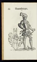 Picture 26 of 56 from Geschlechter Buch : darinn der loblichen kaiserlichẽ Reichs Statt Augspurg so vor fünffhundert vnd mehr Jaren hero, daselbst gewonet, vnd biss auff acht abgestorben auch deren so an der abgestorbnen stat eingenom̃en vnd erhöhet worden seyn : dessgleichen mit was Personen die Röm. Key. May. [et]c. am dritten Augusti im M.D.XLVIIII. Jare ain new Regiment von Raht vnd Gericht auch alle Empter besetzt hat : sampt aines jeden Geschlechts Wapen, Zeichen, Schilt vnd Helm, auch Ankunfft vnd Herkommen : alles mit künstlichen Figuren angezeigt, vnd allen Kunstliebhabern jetzt widerumb an Tag gegeben (1580), leaf 67