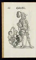 Picture 27 of 56 from Geschlechter Buch : darinn der loblichen kaiserlichẽ Reichs Statt Augspurg so vor fünffhundert vnd mehr Jaren hero, daselbst gewonet, vnd biss auff acht abgestorben auch deren so an der abgestorbnen stat eingenom̃en vnd erhöhet worden seyn : dessgleichen mit was Personen die Röm. Key. May. [et]c. am dritten Augusti im M.D.XLVIIII. Jare ain new Regiment von Raht vnd Gericht auch alle Empter besetzt hat : sampt aines jeden Geschlechts Wapen, Zeichen, Schilt vnd Helm, auch Ankunfft vnd Herkommen : alles mit künstlichen Figuren angezeigt, vnd allen Kunstliebhabern jetzt widerumb an Tag gegeben (1580), leaf 71