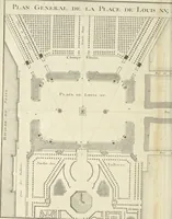 An illustration from Monumens érigés en France à la gloire de Louis XV : précédés d'un tableau du progrès des arts & des sciences sous ce règne, ainsi que d'une description des honneurs & des monumens de gloire accordés aux grands hommes, tant chez les anciens que chez les modernes : et suivis d'un choix des principaux projets qui ont été proposés, pour placer la statue du roi dans les différens quartiers de Paris (1767)