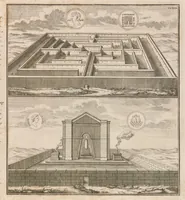 An illustration from Entwurff einer historischen Architectur : in Abbildung unterschiedener berühmten Gebäude, des Alterthums, und fremder Völcker, umb aus den Geschicht-Büchern, Gedächtnüss-Müntzen, Ruinen, und eigeholten wahrhafften Abrissen, von Augen zu stellen. In dem ersten Buche. Die von der Zeit vergrabene Bau-Arten der alten Jüden, Egÿptier, Sÿrer, Perser, und Griechen. In dem andren. Alte unbekante römische. In dem dritten. Einige fremde in- und ausser-europäische, als der Araber, und Türcken, etc. auch neue persianische, siamitische, sinesische und japonesische Gebäude. In dem vierten. Einige Gebäude von des autoris Erfindung und Zeichnung. (1725)