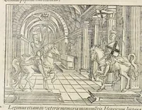 An illustration from Pandectae trivmphales, siue, Pomparvm et festorvm ac solennivm apparatvvm, conviviorvm, spectacvlorvm, simvlacrorvm bellicorvm equestrivm et pedestrivm, navmachiarum, ludorum deniq[ue] omnium nobiliorum, quot hactenus vbiq[ue] gentium re bello bene gesta ... edita concelebrataque sunt, tomi dvo : qvorvm prior de trivmphis ... heroum ... tractat : posterior ... hastilvdiorvm per Germaniam tradit initia ... (1586)