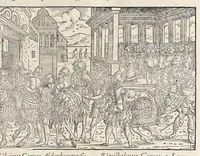 Picture 7 of 71 from Pandectae trivmphales, siue, Pomparvm et festorvm ac solennivm apparatvvm, conviviorvm, spectacvlorvm, simvlacrorvm bellicorvm equestrivm et pedestrivm, navmachiarum, ludorum deniq[ue] omnium nobiliorum, quot hactenus vbiq[ue] gentium re bello bene gesta ... edita concelebrataque sunt, tomi dvo : qvorvm prior de trivmphis ... heroum ... tractat : posterior ... hastilvdiorvm per Germaniam tradit initia ... (1586), leaf 516