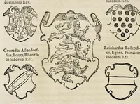 An illustration from Pandectae trivmphales, siue, Pomparvm et festorvm ac solennivm apparatvvm, conviviorvm, spectacvlorvm, simvlacrorvm bellicorvm equestrivm et pedestrivm, navmachiarum, ludorum deniq[ue] omnium nobiliorum, quot hactenus vbiq[ue] gentium re bello bene gesta ... edita concelebrataque sunt, tomi dvo : qvorvm prior de trivmphis ... heroum ... tractat : posterior ... hastilvdiorvm per Germaniam tradit initia ... (1586)