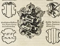 An illustration from Pandectae trivmphales, siue, Pomparvm et festorvm ac solennivm apparatvvm, conviviorvm, spectacvlorvm, simvlacrorvm bellicorvm equestrivm et pedestrivm, navmachiarum, ludorum deniq[ue] omnium nobiliorum, quot hactenus vbiq[ue] gentium re bello bene gesta ... edita concelebrataque sunt, tomi dvo : qvorvm prior de trivmphis ... heroum ... tractat : posterior ... hastilvdiorvm per Germaniam tradit initia ... (1586)