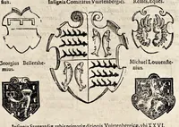 An illustration from Pandectae trivmphales, siue, Pomparvm et festorvm ac solennivm apparatvvm, conviviorvm, spectacvlorvm, simvlacrorvm bellicorvm equestrivm et pedestrivm, navmachiarum, ludorum deniq[ue] omnium nobiliorum, quot hactenus vbiq[ue] gentium re bello bene gesta ... edita concelebrataque sunt, tomi dvo : qvorvm prior de trivmphis ... heroum ... tractat : posterior ... hastilvdiorvm per Germaniam tradit initia ... (1586)