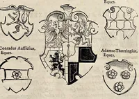 An illustration from Pandectae trivmphales, siue, Pomparvm et festorvm ac solennivm apparatvvm, conviviorvm, spectacvlorvm, simvlacrorvm bellicorvm equestrivm et pedestrivm, navmachiarum, ludorum deniq[ue] omnium nobiliorum, quot hactenus vbiq[ue] gentium re bello bene gesta ... edita concelebrataque sunt, tomi dvo : qvorvm prior de trivmphis ... heroum ... tractat : posterior ... hastilvdiorvm per Germaniam tradit initia ... (1586)