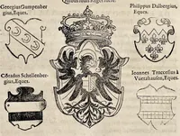An illustration from Pandectae trivmphales, siue, Pomparvm et festorvm ac solennivm apparatvvm, conviviorvm, spectacvlorvm, simvlacrorvm bellicorvm equestrivm et pedestrivm, navmachiarum, ludorum deniq[ue] omnium nobiliorum, quot hactenus vbiq[ue] gentium re bello bene gesta ... edita concelebrataque sunt, tomi dvo : qvorvm prior de trivmphis ... heroum ... tractat : posterior ... hastilvdiorvm per Germaniam tradit initia ... (1586)