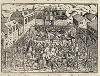 An illustration from Pandectae trivmphales, siue, Pomparvm et festorvm ac solennivm apparatvvm, conviviorvm, spectacvlorvm, simvlacrorvm bellicorvm equestrivm et pedestrivm, navmachiarum, ludorum deniq[ue] omnium nobiliorum, quot hactenus vbiq[ue] gentium re bello bene gesta ... edita concelebrataque sunt, tomi dvo : qvorvm prior de trivmphis ... heroum ... tractat : posterior ... hastilvdiorvm per Germaniam tradit initia ... (1586)