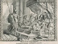 An illustration from Nuptiae Pelei et Thetidos renovatae, hoc est, Auspicatissimum Leopoldi I Romanor. imperat. semp. aug. ... et serenissimae Eleonorae Magdalenae Theresiae ... connubium : symbolicis deorum muneribus honoratum â tribus Societ. Iesu collegijs, Dusseldorpiensi, Marcodurano, et Monasteriensi Eiffliae, itemq[ue] Residentiâ Iuliacensi et 3 mission., anno quo LeopoLDVs seCVnDIS aVspICIIs et praeLIIs reCepIt a gaLLIs phILIppopoLIn (1676)