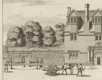 An illustration from Oxonia illustrata, sive, Omnium celeberrimae istius universitatis collegiorum, aularum, bibliothecae Bodleianae, scholarum publicarum, theatri Sheldoniani : nec non urbis totius scenographia (1675)