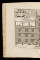 An illustration from Oxonia illustrata, sive, Omnium celeberrimae istius universitatis collegiorum, aularum, bibliothecae Bodleianae, scholarum publicarum, theatri Sheldoniani : nec non urbis totius scenographia (1675)