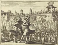 An illustration from Gedenkwaerdig bedryf der Nederlandsche Oost-Indische Maetschappye, op de kuste en in het keizerrijk van Taising of Sina : behelzende het tweede gezandschap aen den onder-koning Singlamong en veldheer Taising Lipoui, door Jan van Kampen en Konstantyn Nobel : vervolgt met een verhael van het voorgevallen des jaers zestien hondert drie en vier en zestig, op de kuste van Sina, en ontrent d'eilanden Tayowan, Formosa, Ay en Quemuy, onder't gezag van Balthasar Bort : en het derde gezandschap aen Konchy, Tartarsche keizer van Sina en Oost-Tartarye : onder beleit van zijne ed. Pieter van Hoorn : beneffens een beschryving van geheel Sina : verçiert doorgaens met verscheide kopere platen (1670)