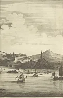 An illustration from Gedenkwaerdig bedryf der Nederlandsche Oost-Indische Maetschappye, op de kuste en in het keizerrijk van Taising of Sina : behelzende het tweede gezandschap aen den onder-koning Singlamong en veldheer Taising Lipoui, door Jan van Kampen en Konstantyn Nobel : vervolgt met een verhael van het voorgevallen des jaers zestien hondert drie en vier en zestig, op de kuste van Sina, en ontrent d'eilanden Tayowan, Formosa, Ay en Quemuy, onder't gezag van Balthasar Bort : en het derde gezandschap aen Konchy, Tartarsche keizer van Sina en Oost-Tartarye : onder beleit van zijne ed. Pieter van Hoorn : beneffens een beschryving van geheel Sina : verçiert doorgaens met verscheide kopere platen (1670)