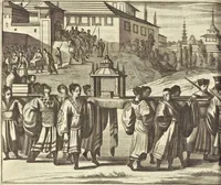 An illustration from Gedenkwaerdig bedryf der Nederlandsche Oost-Indische Maetschappye, op de kuste en in het keizerrijk van Taising of Sina : behelzende het tweede gezandschap aen den onder-koning Singlamong en veldheer Taising Lipoui, door Jan van Kampen en Konstantyn Nobel : vervolgt met een verhael van het voorgevallen des jaers zestien hondert drie en vier en zestig, op de kuste van Sina, en ontrent d'eilanden Tayowan, Formosa, Ay en Quemuy, onder't gezag van Balthasar Bort : en het derde gezandschap aen Konchy, Tartarsche keizer van Sina en Oost-Tartarye : onder beleit van zijne ed. Pieter van Hoorn : beneffens een beschryving van geheel Sina : verçiert doorgaens met verscheide kopere platen (1670)