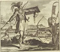 An illustration from Gedenkwaerdig bedryf der Nederlandsche Oost-Indische Maetschappye, op de kuste en in het keizerrijk van Taising of Sina : behelzende het tweede gezandschap aen den onder-koning Singlamong en veldheer Taising Lipoui, door Jan van Kampen en Konstantyn Nobel : vervolgt met een verhael van het voorgevallen des jaers zestien hondert drie en vier en zestig, op de kuste van Sina, en ontrent d'eilanden Tayowan, Formosa, Ay en Quemuy, onder't gezag van Balthasar Bort : en het derde gezandschap aen Konchy, Tartarsche keizer van Sina en Oost-Tartarye : onder beleit van zijne ed. Pieter van Hoorn : beneffens een beschryving van geheel Sina : verçiert doorgaens met verscheide kopere platen (1670)