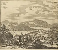 An illustration from Gedenkwaerdig bedryf der Nederlandsche Oost-Indische Maetschappye, op de kuste en in het keizerrijk van Taising of Sina : behelzende het tweede gezandschap aen den onder-koning Singlamong en veldheer Taising Lipoui, door Jan van Kampen en Konstantyn Nobel : vervolgt met een verhael van het voorgevallen des jaers zestien hondert drie en vier en zestig, op de kuste van Sina, en ontrent d'eilanden Tayowan, Formosa, Ay en Quemuy, onder't gezag van Balthasar Bort : en het derde gezandschap aen Konchy, Tartarsche keizer van Sina en Oost-Tartarye : onder beleit van zijne ed. Pieter van Hoorn : beneffens een beschryving van geheel Sina : verçiert doorgaens met verscheide kopere platen (1670)