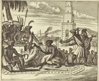 An illustration from Gedenkwaerdig bedryf der Nederlandsche Oost-Indische Maetschappye, op de kuste en in het keizerrijk van Taising of Sina : behelzende het tweede gezandschap aen den onder-koning Singlamong en veldheer Taising Lipoui, door Jan van Kampen en Konstantyn Nobel : vervolgt met een verhael van het voorgevallen des jaers zestien hondert drie en vier en zestig, op de kuste van Sina, en ontrent d'eilanden Tayowan, Formosa, Ay en Quemuy, onder't gezag van Balthasar Bort : en het derde gezandschap aen Konchy, Tartarsche keizer van Sina en Oost-Tartarye : onder beleit van zijne ed. Pieter van Hoorn : beneffens een beschryving van geheel Sina : verçiert doorgaens met verscheide kopere platen (1670)