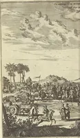 An illustration from Gedenkwaerdig bedryf der Nederlandsche Oost-Indische Maetschappye, op de kuste en in het keizerrijk van Taising of Sina : behelzende het tweede gezandschap aen den onder-koning Singlamong en veldheer Taising Lipoui, door Jan van Kampen en Konstantyn Nobel : vervolgt met een verhael van het voorgevallen des jaers zestien hondert drie en vier en zestig, op de kuste van Sina, en ontrent d'eilanden Tayowan, Formosa, Ay en Quemuy, onder't gezag van Balthasar Bort : en het derde gezandschap aen Konchy, Tartarsche keizer van Sina en Oost-Tartarye : onder beleit van zijne ed. Pieter van Hoorn : beneffens een beschryving van geheel Sina : verçiert doorgaens met verscheide kopere platen (1670)