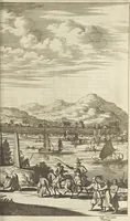 An illustration from Gedenkwaerdig bedryf der Nederlandsche Oost-Indische Maetschappye, op de kuste en in het keizerrijk van Taising of Sina : behelzende het tweede gezandschap aen den onder-koning Singlamong en veldheer Taising Lipoui, door Jan van Kampen en Konstantyn Nobel : vervolgt met een verhael van het voorgevallen des jaers zestien hondert drie en vier en zestig, op de kuste van Sina, en ontrent d'eilanden Tayowan, Formosa, Ay en Quemuy, onder't gezag van Balthasar Bort : en het derde gezandschap aen Konchy, Tartarsche keizer van Sina en Oost-Tartarye : onder beleit van zijne ed. Pieter van Hoorn : beneffens een beschryving van geheel Sina : verçiert doorgaens met verscheide kopere platen (1670)