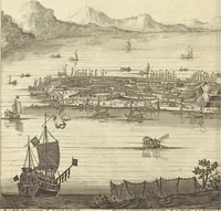An illustration from Gedenkwaerdig bedryf der Nederlandsche Oost-Indische Maetschappye, op de kuste en in het keizerrijk van Taising of Sina : behelzende het tweede gezandschap aen den onder-koning Singlamong en veldheer Taising Lipoui, door Jan van Kampen en Konstantyn Nobel : vervolgt met een verhael van het voorgevallen des jaers zestien hondert drie en vier en zestig, op de kuste van Sina, en ontrent d'eilanden Tayowan, Formosa, Ay en Quemuy, onder't gezag van Balthasar Bort : en het derde gezandschap aen Konchy, Tartarsche keizer van Sina en Oost-Tartarye : onder beleit van zijne ed. Pieter van Hoorn : beneffens een beschryving van geheel Sina : verçiert doorgaens met verscheide kopere platen (1670)
