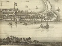 An illustration from Gedenkwaerdig bedryf der Nederlandsche Oost-Indische Maetschappye, op de kuste en in het keizerrijk van Taising of Sina : behelzende het tweede gezandschap aen den onder-koning Singlamong en veldheer Taising Lipoui, door Jan van Kampen en Konstantyn Nobel : vervolgt met een verhael van het voorgevallen des jaers zestien hondert drie en vier en zestig, op de kuste van Sina, en ontrent d'eilanden Tayowan, Formosa, Ay en Quemuy, onder't gezag van Balthasar Bort : en het derde gezandschap aen Konchy, Tartarsche keizer van Sina en Oost-Tartarye : onder beleit van zijne ed. Pieter van Hoorn : beneffens een beschryving van geheel Sina : verçiert doorgaens met verscheide kopere platen (1670)