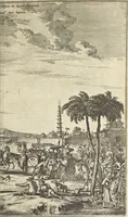 An illustration from Gedenkwaerdig bedryf der Nederlandsche Oost-Indische Maetschappye, op de kuste en in het keizerrijk van Taising of Sina : behelzende het tweede gezandschap aen den onder-koning Singlamong en veldheer Taising Lipoui, door Jan van Kampen en Konstantyn Nobel : vervolgt met een verhael van het voorgevallen des jaers zestien hondert drie en vier en zestig, op de kuste van Sina, en ontrent d'eilanden Tayowan, Formosa, Ay en Quemuy, onder't gezag van Balthasar Bort : en het derde gezandschap aen Konchy, Tartarsche keizer van Sina en Oost-Tartarye : onder beleit van zijne ed. Pieter van Hoorn : beneffens een beschryving van geheel Sina : verçiert doorgaens met verscheide kopere platen (1670)
