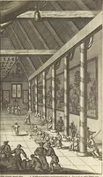 An illustration from Gedenkwaerdig bedryf der Nederlandsche Oost-Indische Maetschappye, op de kuste en in het keizerrijk van Taising of Sina : behelzende het tweede gezandschap aen den onder-koning Singlamong en veldheer Taising Lipoui, door Jan van Kampen en Konstantyn Nobel : vervolgt met een verhael van het voorgevallen des jaers zestien hondert drie en vier en zestig, op de kuste van Sina, en ontrent d'eilanden Tayowan, Formosa, Ay en Quemuy, onder't gezag van Balthasar Bort : en het derde gezandschap aen Konchy, Tartarsche keizer van Sina en Oost-Tartarye : onder beleit van zijne ed. Pieter van Hoorn : beneffens een beschryving van geheel Sina : verçiert doorgaens met verscheide kopere platen (1670)