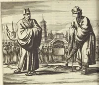 An illustration from Gedenkwaerdig bedryf der Nederlandsche Oost-Indische Maetschappye, op de kuste en in het keizerrijk van Taising of Sina : behelzende het tweede gezandschap aen den onder-koning Singlamong en veldheer Taising Lipoui, door Jan van Kampen en Konstantyn Nobel : vervolgt met een verhael van het voorgevallen des jaers zestien hondert drie en vier en zestig, op de kuste van Sina, en ontrent d'eilanden Tayowan, Formosa, Ay en Quemuy, onder't gezag van Balthasar Bort : en het derde gezandschap aen Konchy, Tartarsche keizer van Sina en Oost-Tartarye : onder beleit van zijne ed. Pieter van Hoorn : beneffens een beschryving van geheel Sina : verçiert doorgaens met verscheide kopere platen (1670)