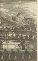 An illustration from Gedenkwaerdig bedryf der Nederlandsche Oost-Indische Maetschappye, op de kuste en in het keizerrijk van Taising of Sina : behelzende het tweede gezandschap aen den onder-koning Singlamong en veldheer Taising Lipoui, door Jan van Kampen en Konstantyn Nobel : vervolgt met een verhael van het voorgevallen des jaers zestien hondert drie en vier en zestig, op de kuste van Sina, en ontrent d'eilanden Tayowan, Formosa, Ay en Quemuy, onder't gezag van Balthasar Bort : en het derde gezandschap aen Konchy, Tartarsche keizer van Sina en Oost-Tartarye : onder beleit van zijne ed. Pieter van Hoorn : beneffens een beschryving van geheel Sina : verçiert doorgaens met verscheide kopere platen (1670)