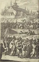 An illustration from Gedenkwaerdig bedryf der Nederlandsche Oost-Indische Maetschappye, op de kuste en in het keizerrijk van Taising of Sina : behelzende het tweede gezandschap aen den onder-koning Singlamong en veldheer Taising Lipoui, door Jan van Kampen en Konstantyn Nobel : vervolgt met een verhael van het voorgevallen des jaers zestien hondert drie en vier en zestig, op de kuste van Sina, en ontrent d'eilanden Tayowan, Formosa, Ay en Quemuy, onder't gezag van Balthasar Bort : en het derde gezandschap aen Konchy, Tartarsche keizer van Sina en Oost-Tartarye : onder beleit van zijne ed. Pieter van Hoorn : beneffens een beschryving van geheel Sina : verçiert doorgaens met verscheide kopere platen (1670)