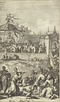 An illustration from Gedenkwaerdig bedryf der Nederlandsche Oost-Indische Maetschappye, op de kuste en in het keizerrijk van Taising of Sina : behelzende het tweede gezandschap aen den onder-koning Singlamong en veldheer Taising Lipoui, door Jan van Kampen en Konstantyn Nobel : vervolgt met een verhael van het voorgevallen des jaers zestien hondert drie en vier en zestig, op de kuste van Sina, en ontrent d'eilanden Tayowan, Formosa, Ay en Quemuy, onder't gezag van Balthasar Bort : en het derde gezandschap aen Konchy, Tartarsche keizer van Sina en Oost-Tartarye : onder beleit van zijne ed. Pieter van Hoorn : beneffens een beschryving van geheel Sina : verçiert doorgaens met verscheide kopere platen (1670)