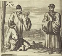An illustration from Gedenkwaerdig bedryf der Nederlandsche Oost-Indische Maetschappye, op de kuste en in het keizerrijk van Taising of Sina : behelzende het tweede gezandschap aen den onder-koning Singlamong en veldheer Taising Lipoui, door Jan van Kampen en Konstantyn Nobel : vervolgt met een verhael van het voorgevallen des jaers zestien hondert drie en vier en zestig, op de kuste van Sina, en ontrent d'eilanden Tayowan, Formosa, Ay en Quemuy, onder't gezag van Balthasar Bort : en het derde gezandschap aen Konchy, Tartarsche keizer van Sina en Oost-Tartarye : onder beleit van zijne ed. Pieter van Hoorn : beneffens een beschryving van geheel Sina : verçiert doorgaens met verscheide kopere platen (1670)