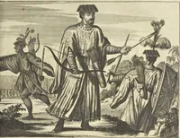 An illustration from Gedenkwaerdig bedryf der Nederlandsche Oost-Indische Maetschappye, op de kuste en in het keizerrijk van Taising of Sina : behelzende het tweede gezandschap aen den onder-koning Singlamong en veldheer Taising Lipoui, door Jan van Kampen en Konstantyn Nobel : vervolgt met een verhael van het voorgevallen des jaers zestien hondert drie en vier en zestig, op de kuste van Sina, en ontrent d'eilanden Tayowan, Formosa, Ay en Quemuy, onder't gezag van Balthasar Bort : en het derde gezandschap aen Konchy, Tartarsche keizer van Sina en Oost-Tartarye : onder beleit van zijne ed. Pieter van Hoorn : beneffens een beschryving van geheel Sina : verçiert doorgaens met verscheide kopere platen (1670)
