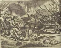 An illustration from Gedenkwaerdig bedryf der Nederlandsche Oost-Indische Maetschappye, op de kuste en in het keizerrijk van Taising of Sina : behelzende het tweede gezandschap aen den onder-koning Singlamong en veldheer Taising Lipoui, door Jan van Kampen en Konstantyn Nobel : vervolgt met een verhael van het voorgevallen des jaers zestien hondert drie en vier en zestig, op de kuste van Sina, en ontrent d'eilanden Tayowan, Formosa, Ay en Quemuy, onder't gezag van Balthasar Bort : en het derde gezandschap aen Konchy, Tartarsche keizer van Sina en Oost-Tartarye : onder beleit van zijne ed. Pieter van Hoorn : beneffens een beschryving van geheel Sina : verçiert doorgaens met verscheide kopere platen (1670)
