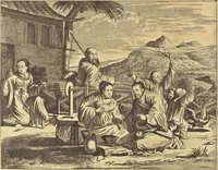 An illustration from Gedenkwaerdig bedryf der Nederlandsche Oost-Indische Maetschappye, op de kuste en in het keizerrijk van Taising of Sina : behelzende het tweede gezandschap aen den onder-koning Singlamong en veldheer Taising Lipoui, door Jan van Kampen en Konstantyn Nobel : vervolgt met een verhael van het voorgevallen des jaers zestien hondert drie en vier en zestig, op de kuste van Sina, en ontrent d'eilanden Tayowan, Formosa, Ay en Quemuy, onder't gezag van Balthasar Bort : en het derde gezandschap aen Konchy, Tartarsche keizer van Sina en Oost-Tartarye : onder beleit van zijne ed. Pieter van Hoorn : beneffens een beschryving van geheel Sina : verçiert doorgaens met verscheide kopere platen (1670)