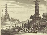 An illustration from Gedenkwaerdig bedryf der Nederlandsche Oost-Indische Maetschappye, op de kuste en in het keizerrijk van Taising of Sina : behelzende het tweede gezandschap aen den onder-koning Singlamong en veldheer Taising Lipoui, door Jan van Kampen en Konstantyn Nobel : vervolgt met een verhael van het voorgevallen des jaers zestien hondert drie en vier en zestig, op de kuste van Sina, en ontrent d'eilanden Tayowan, Formosa, Ay en Quemuy, onder't gezag van Balthasar Bort : en het derde gezandschap aen Konchy, Tartarsche keizer van Sina en Oost-Tartarye : onder beleit van zijne ed. Pieter van Hoorn : beneffens een beschryving van geheel Sina : verçiert doorgaens met verscheide kopere platen (1670)